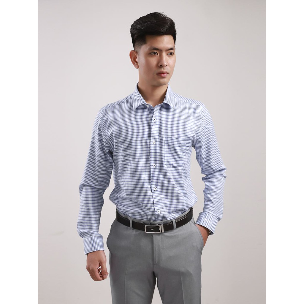 ALS01908 áo sơ mi dài tay Aristino màu xanh dệt kẻ nhỏ, modal, có túi, dáng reguler fit