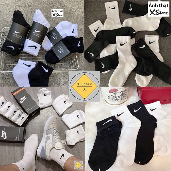 Tất Thể Thao Nam Nữ logo Thêu NIKE cổ cao Đen + Trắng chất liệu Cotton Loại 1 - Vớ Lửng đẹp X.Store SP001020