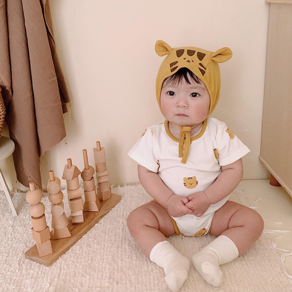 Set đồ 2 món gồm áo liền quần tay ngắn in hình hổ và mũ đội đáng yêu thoải mái cho bé 0-2 tuổi