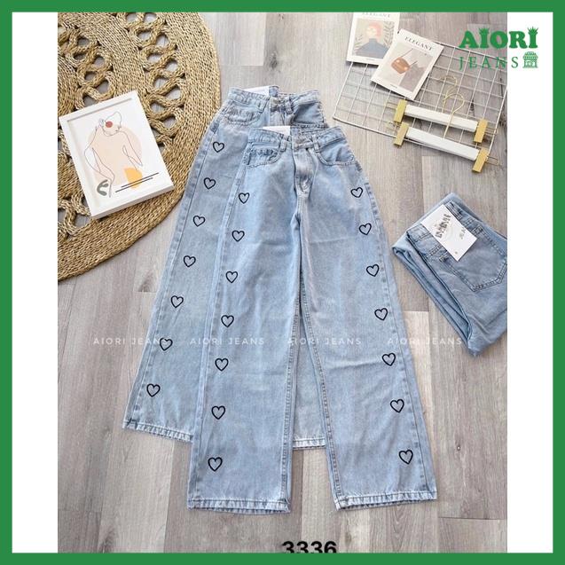 Quần Jeans Nữ, Quần Bò Nữ Aiori Ống Rộng Cạp Cao Họa Tiết Trái Tim Đen Bò Suông Phong Cách Thời Trang Hàn Quốc_Mã 3336