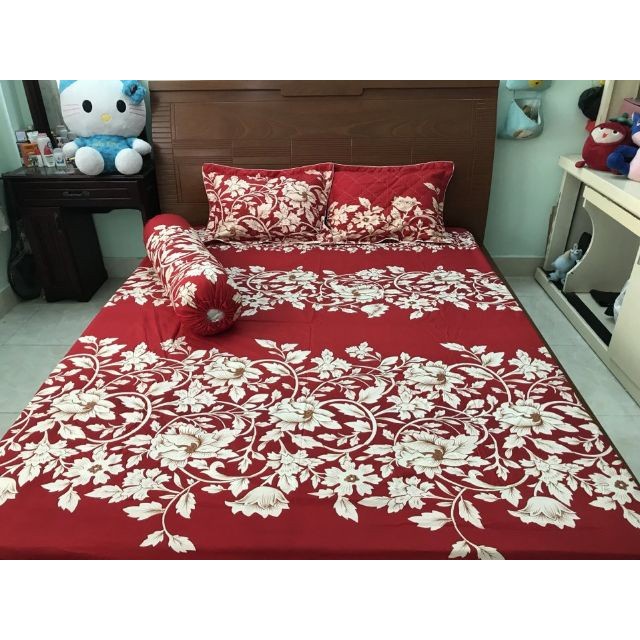 Bộ ga gối cotton emmibedding mẫu lá vàng nền đỏ set 3 món 1 ga và 2 vỏ gối nằm