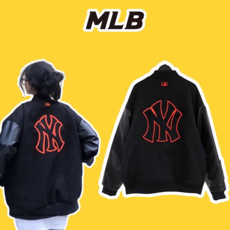 Áo khoác Bomber Varsity M.L.B Ny Thêu Logo Đỏ form rộng Phối Tay Da