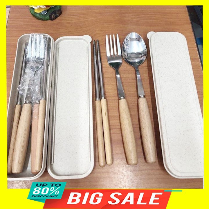 [ Flash Sale ] Bộ đũa, thìa, dĩa inox cán gỗ hộp đựng bằng lúa mạch