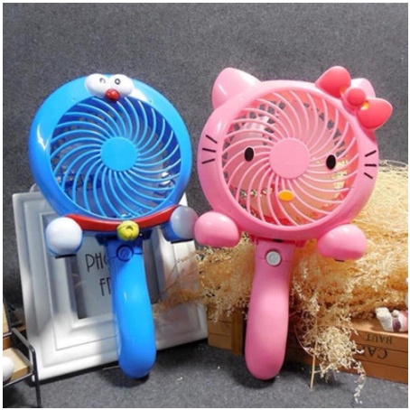Quạt cầm tay có thể gấp gọn 2 in 1 cao cấp, họa tiết nhân vật hoạt hình mèo Kitty, Doremon cho bé trai và bé gái