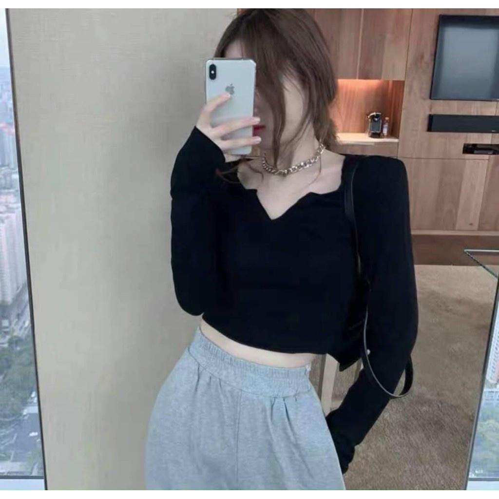 Áo croptop body tay dài cổ khoét chất thun gân co dãn siêu xinh phong cách Hàn Quốc, Áo croptop kiểu ulzzang đẹp