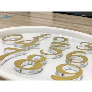 Số trang trí, số dán tường inox vàng gương, đế mica trong | Số cao 10cm | Giá tính theo số lượng từng số