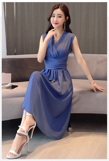 Đầm xoè chiffon xếp ly bao sang y hình đủ size M L XL ( có 2 màu hồng, xanh)