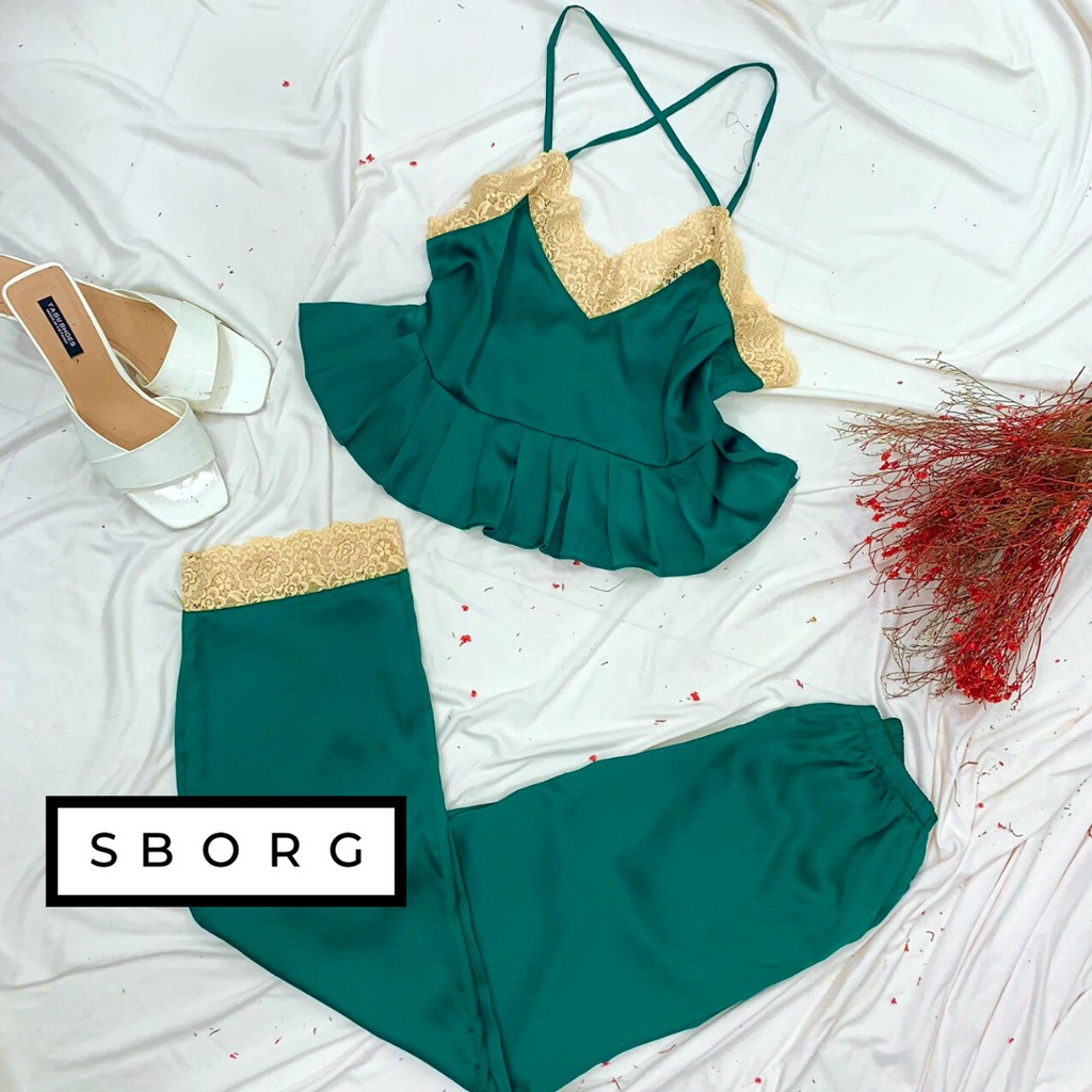 Đồ bộ mặc nhà SBORG bộ ngủ lụa latin 2 dây chéo viền ren sexy dễ thương phối quần dài có túi freesize 60kg quà tặng vợ