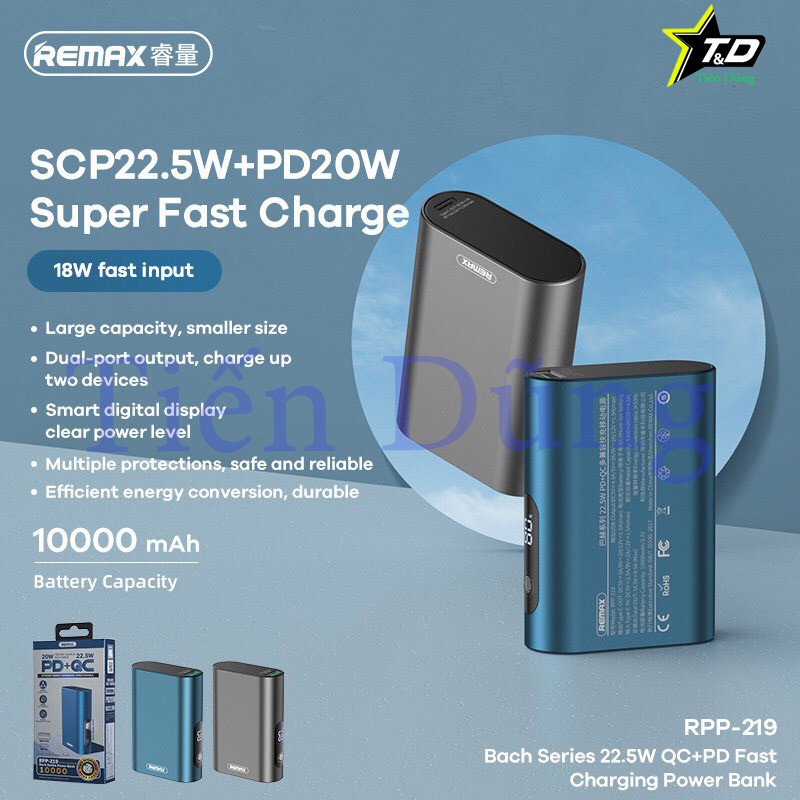 Pin Sạc Dự Phòng 10000mAh remax RPP 219 hỡ trợ sạc nhanh PD20W + QC22.5w màn hình led hiển thị pin nhỏ gọn