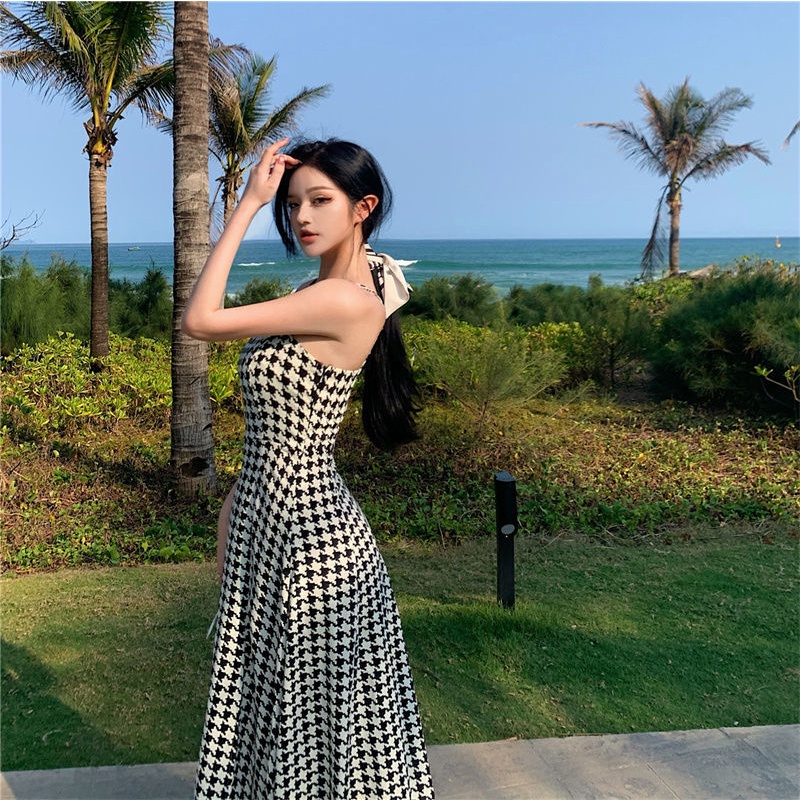 COZOK Đầm Không Tay Họa Tiết houndstooth Quyến Rũ Thời Trang Theo Phong Cách Hồng Kông