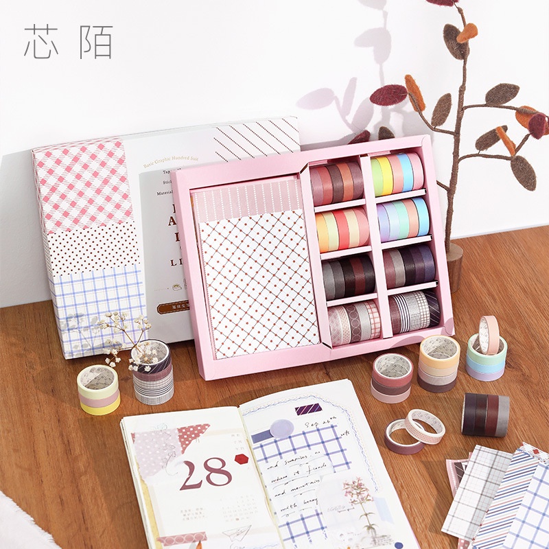 Set 10 washi tape Agugu băng keo giấy washi trơn và họa tiết nhiều màu trang trí sổ bullet journal