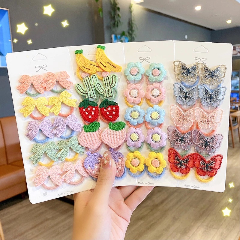 RainBow Bows Set 10 Dây Buộc Tóc Co Giãn Thêu Hình Trái Cây Dễ Thương Cho Bé Gái