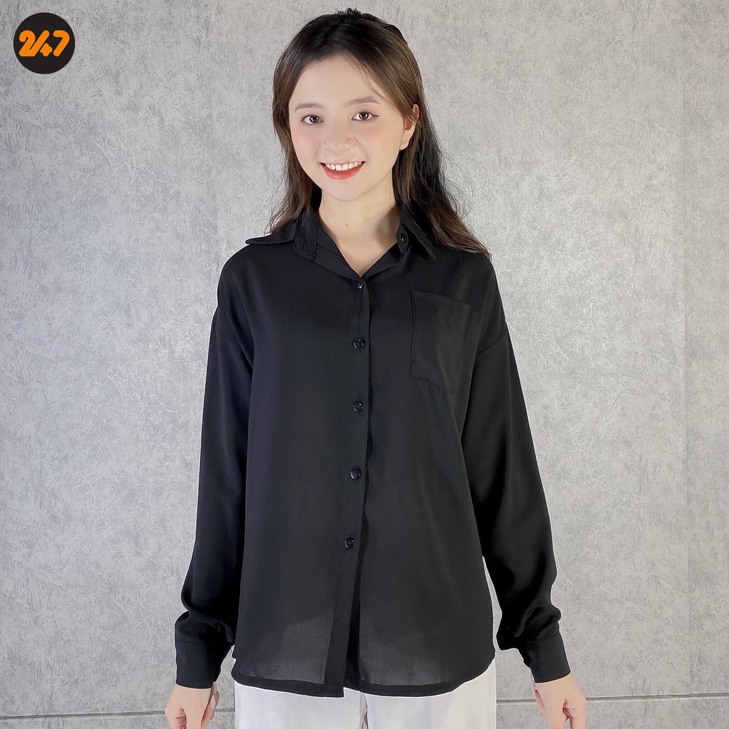 Sơ mi nữ basic cổ polo màu đen cá tính form rộng kiểu ulzzang hàn quốc | WebRaoVat - webraovat.net.vn