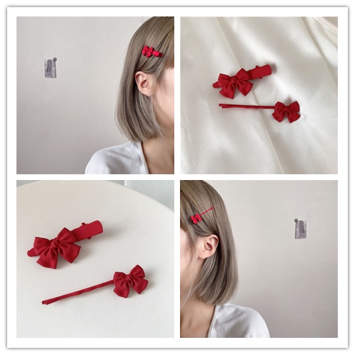 Bộ 2 Kẹp Tóc Nơ Đỏ Ngọt Ngào Dễ Thương Cho Nữ