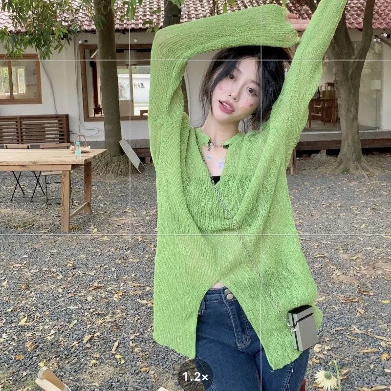 Áo Dệt Kim Tay Dài Cổ Chữ V Form Rộng Thời Trang Hàn Quốc