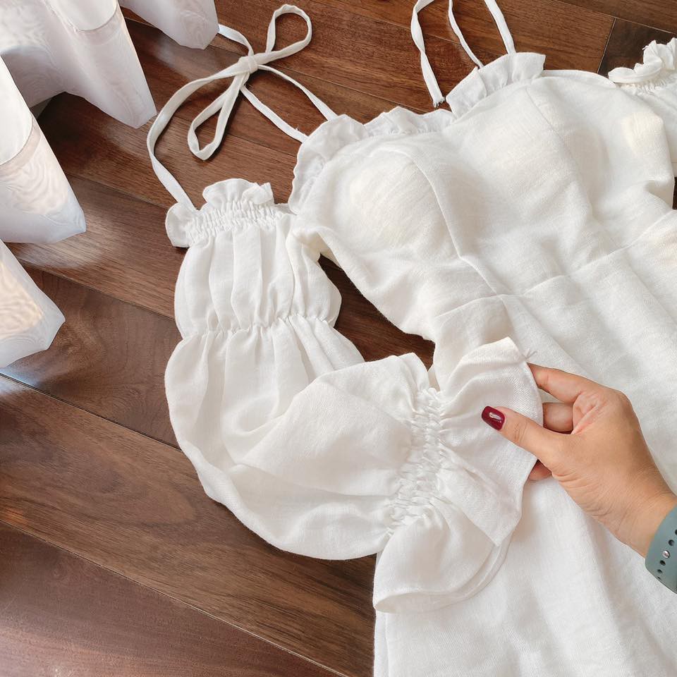 [Mã SKAMA06 giảm 8% tối đa 50K đơn 250K] ĐẦM TRẮNG 2 DÂY RỚT VAI TAY PHỒNG | BigBuy360 - bigbuy360.vn