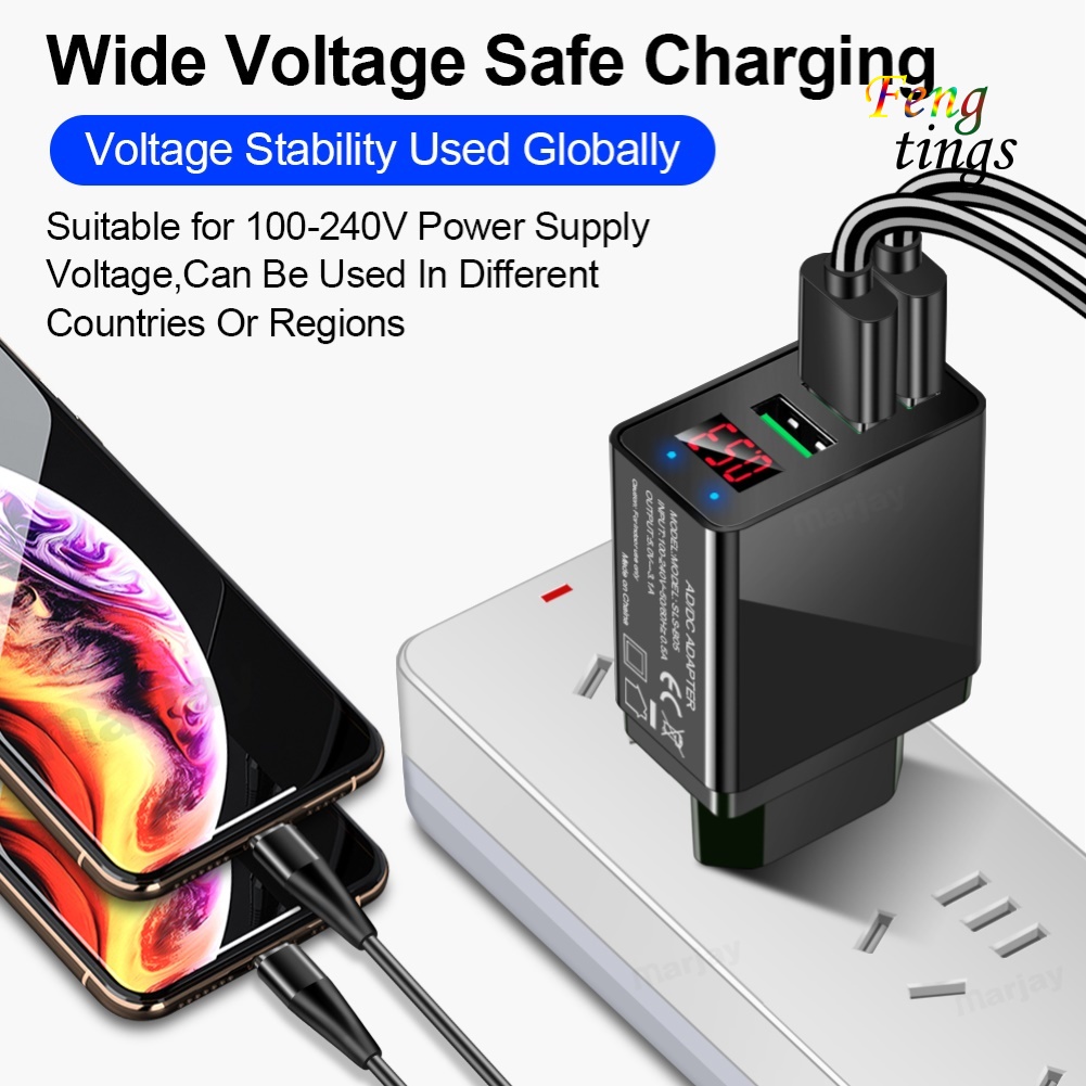 Củ sạc nhanh 3 cổng usb 48w qc3.0 3.1a có màn hình kỹ thuật số tiện lợi