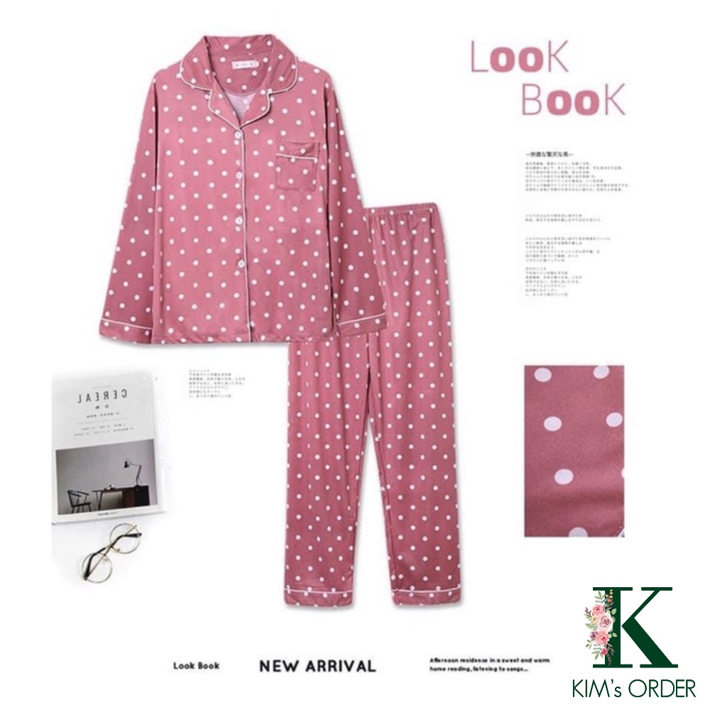 Bộ mặc nhà đồ ngủ pijama sau sinh hoạ tiết chấm bi dài tay phong cách Hàn Quốc