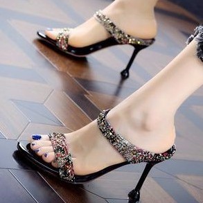Dép cao gót 3.15 inch đính đá thiết kế thời trang cho nữ size 34-39