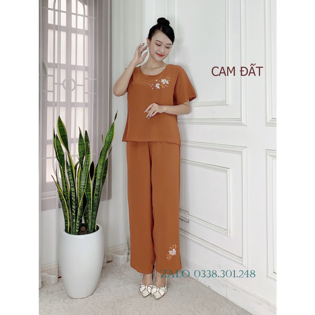 Bộ Đũi thêu hoa Trung niên cho bà cho mẹ Tay cộc Quần dài