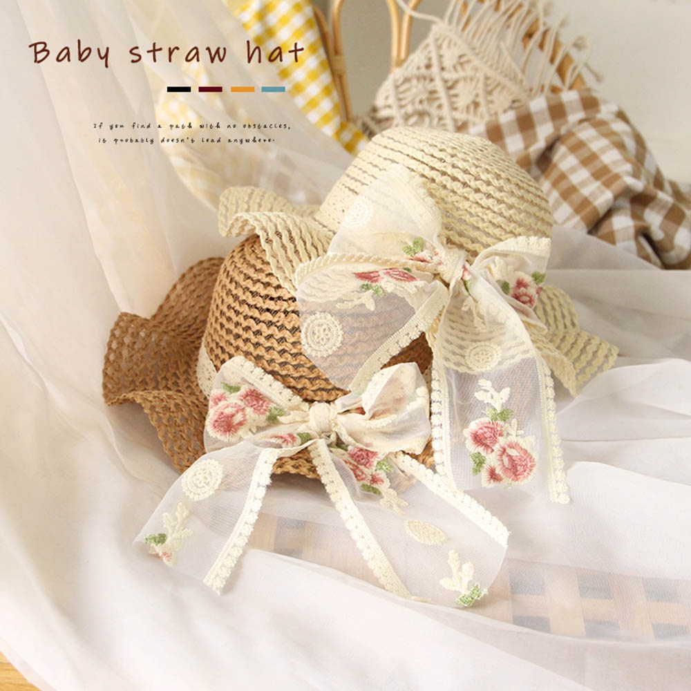 Mũ cói BEAR LEADER vành rộng phối ren hoa tùy chọn màu sắc thời trang mùa hè 2022 cho bé gái