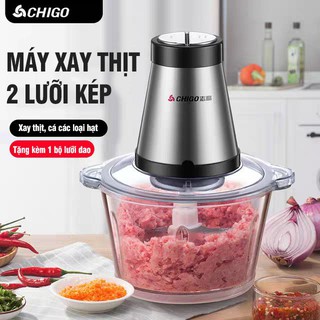 Máy Xay Thịt Chigo 2 Lưỡi Kép Cối Thủy Tinh Inox Cao Cấp Xay Tỏi Ớt Xay Đá Công Suất 300W Hàng Loại 1 MR1
