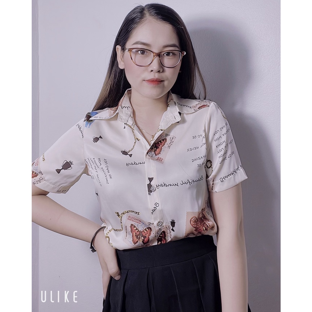 Áo sơ mi nữ lụa cộc tay cao cấp công sở họa tiết chữ nhỏ con vật màu be sữa, áo sơ mi thiết kế MQ Boutique