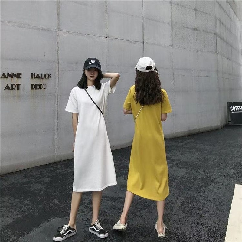 Đầm Tay Ngắn Dáng Rộng Dài Qua Gối Màu Trơn Thời Trang Mùa Hè