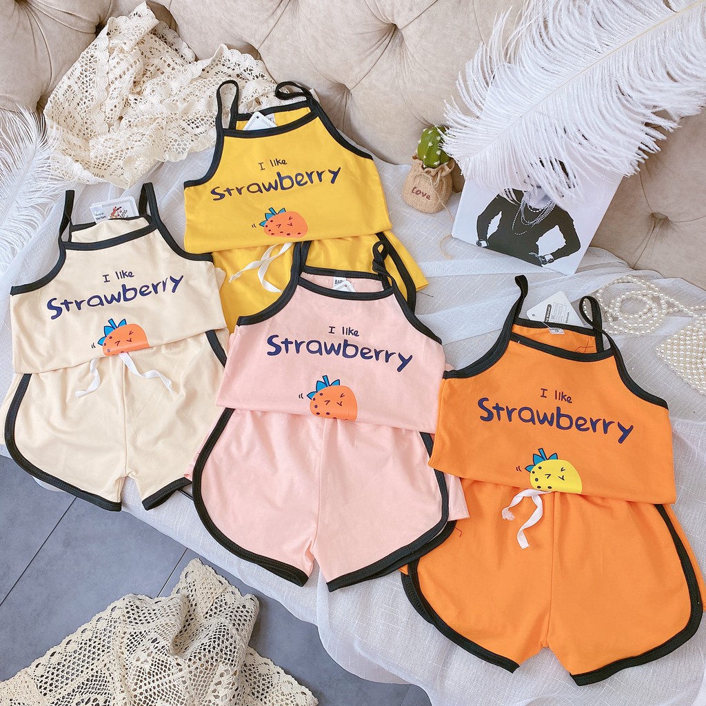 [HD04] [Xả Lỗ 37K - Giá gốc 87K] Bộ 2 Dây Cho Bé Gái In Hình Dâu Tây STRAWBERRY Chất COTTON SIZE Từ 10-20Kg XÔ MUSLIN