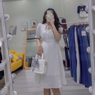 Váy đi tiệc phối cổ thắt nơ eo chun co dãn