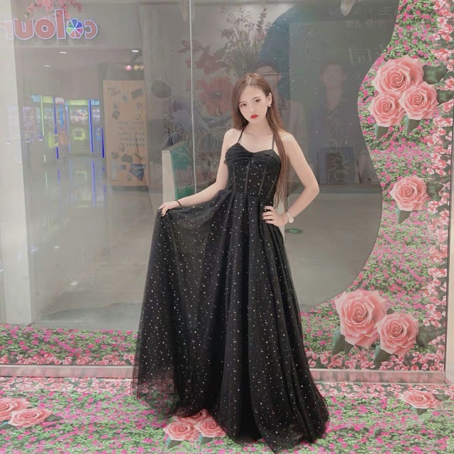 Đầm dạ hội quý phái hai dây màu đen lấp lánh