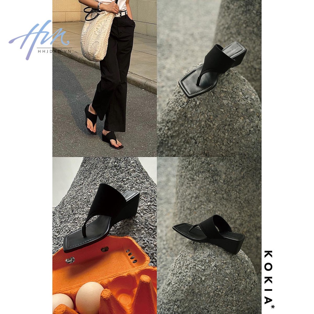 Dép Sandal Kẹp Ngón Kokia Air Lycra Dệt Kim Da Cừu Màu Đen