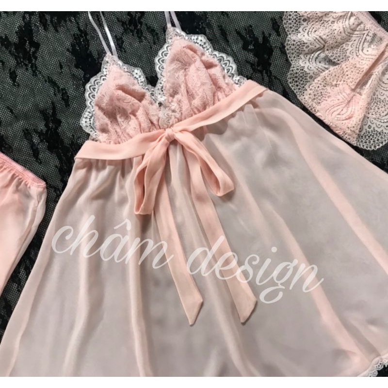 váy ngủ chất tơ mềm hồng lòng tôm buộc nơ hàng thiết kế chuẩn❤️