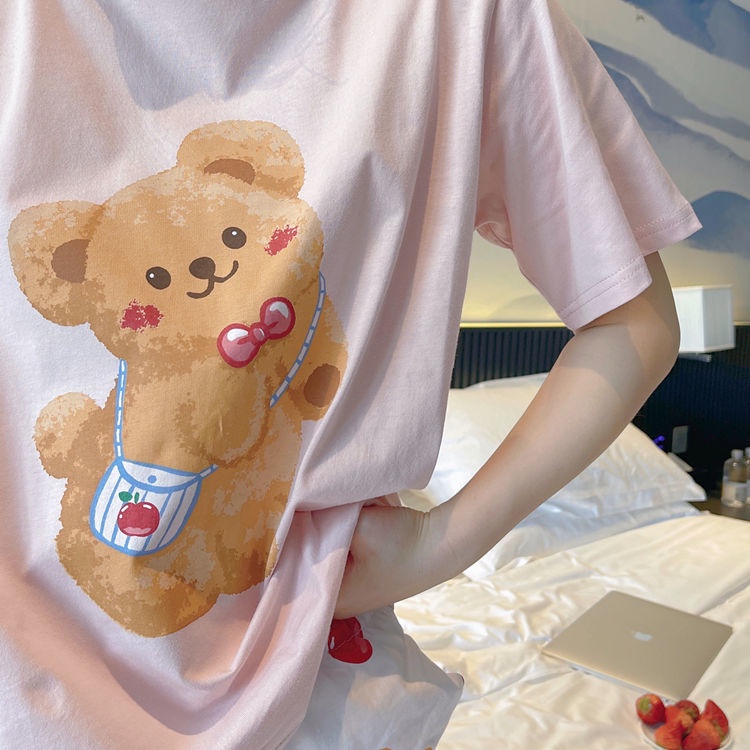 Bộ Đồ Ngủ Tay Ngắn Chất Liệu Cotton Cao Cấp In Họa Tiết Gấu Dễ Thương Thời Trang Mùa Hè 2022 Mới