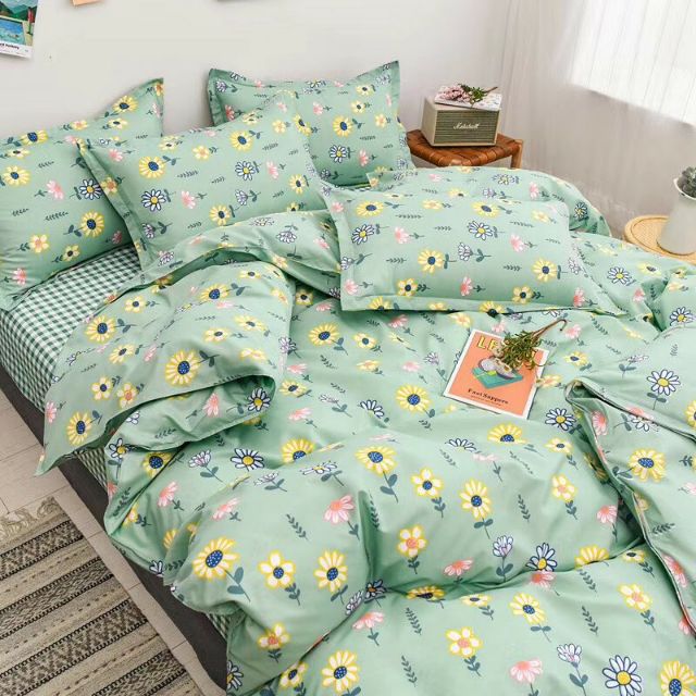 Bộ Chăn Ga Gối Hoa Cúc Vàng Trắng Cotton Poly