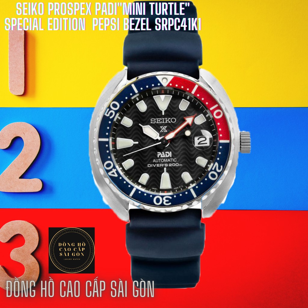 Đồng Hồ Nam SEIKO PROSPEX PADI"Mini Turtle" Special Edition Automatic PepsiBezel SRPC41K1 Dây Cao Su