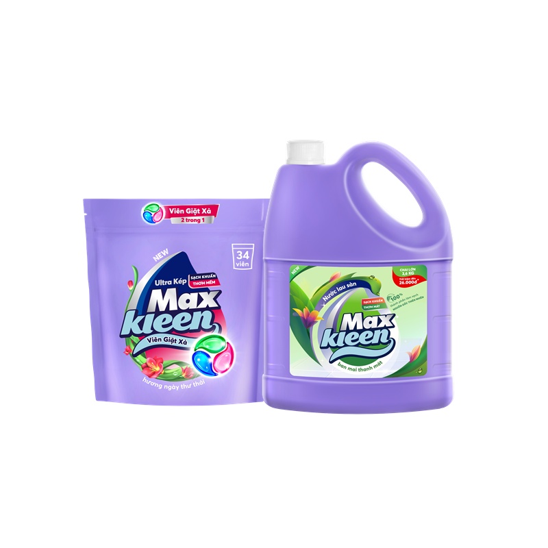 Combo Túi Viên Giặt Xả MaxKleen (34 viên/túi) + Chai Lau sàn MaxKleen Ban mai thanh mát 3.6kg/chai