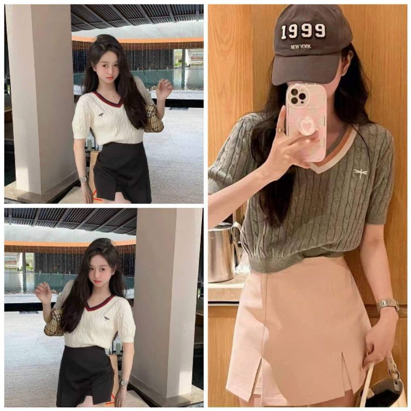 Áo len cổ tim viền hàng QC