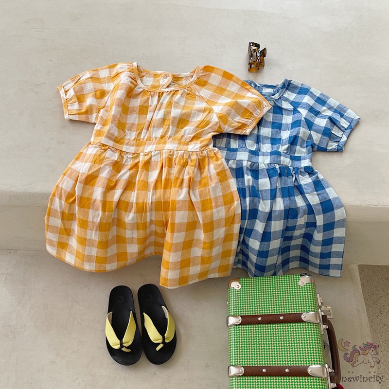 Đầm Cotton Ngắn Tay Họa Tiết Sọc Caro Thời Trang Mùa Hè Hàn Quốc Cho Trẻ Em