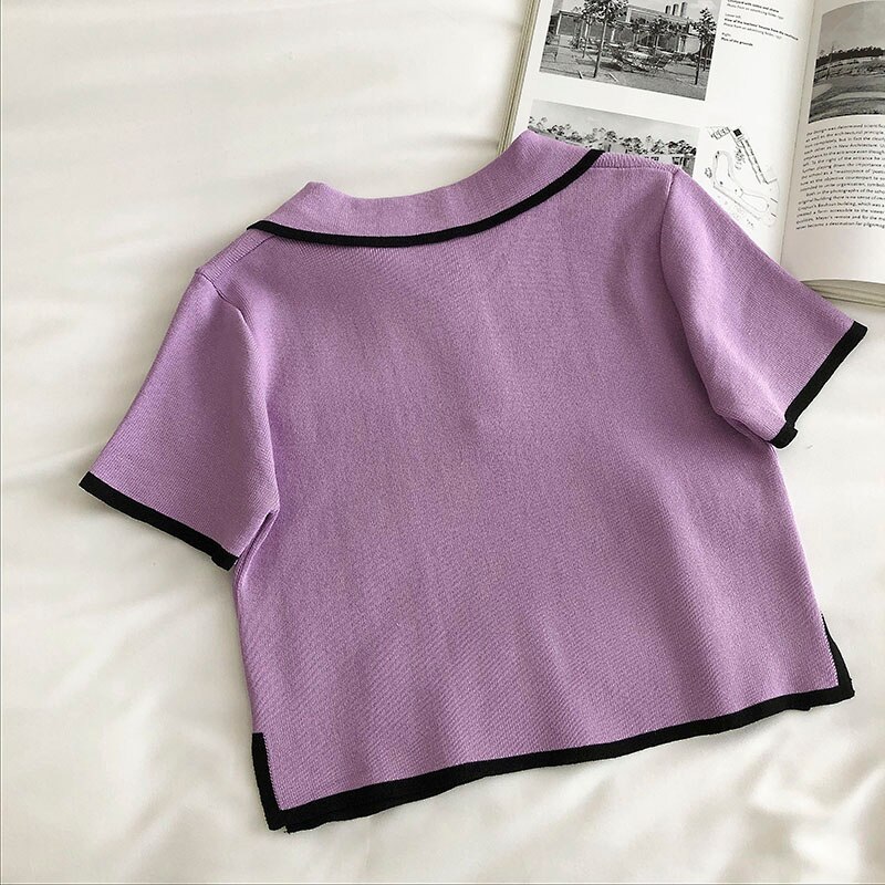 Lapel Knitted Women's T-shirt Korean Version Slim Fashion Short-sleeved Top | BigBuy360 - bigbuy360.vn