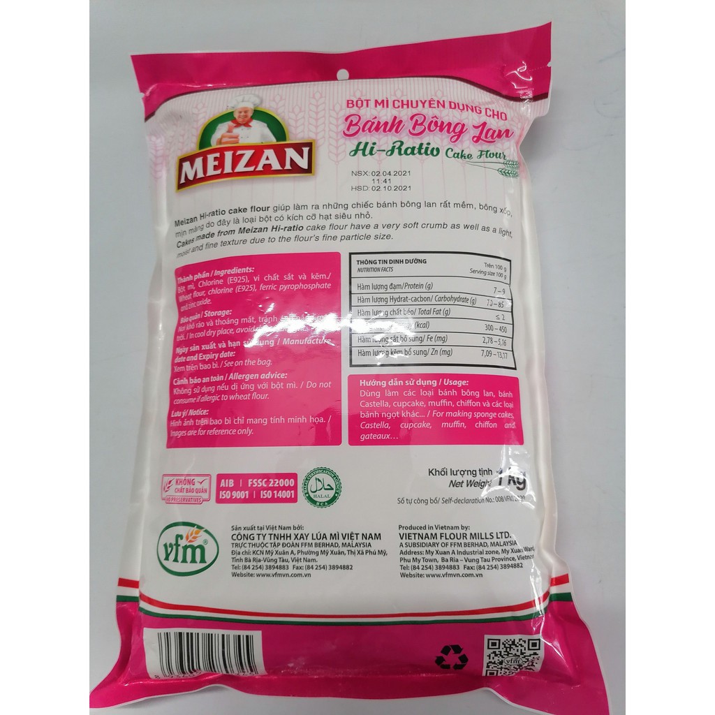 [Túi 1 Kg] BỘT BÁNH BÔNG LAN, CASTELLA, CUPCAKE, MUFFIN, CHIFFON [VN] MEIZAN Hi-Ratio Cake Flour (halal)