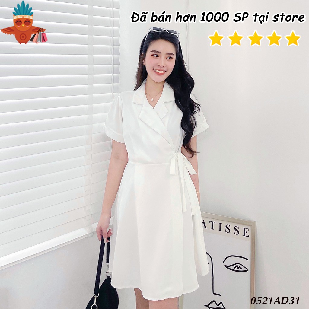 Đầm thanh lịch cổ vest cột nơ bên tay ngắn THOCA HOUSE đen, nude, trắng, xanh mặc đi công sở, dự tiệc