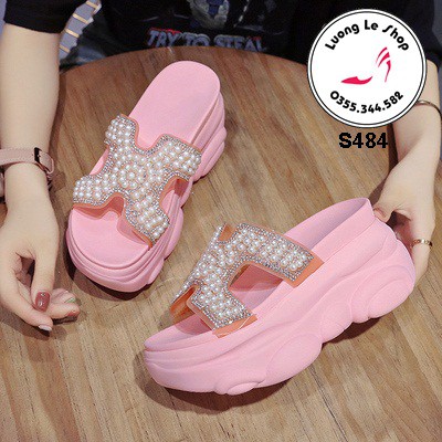 Dép đế bánh mì 9cm quai Chữ H đính ngọc 4 màu đen hồng trắng vàng ms S484