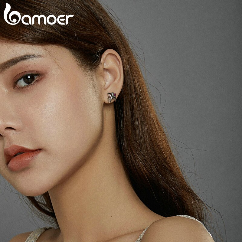 Khuyên tai bạc Bamoer SCE970 hình xương sườn đính đá trái tim phong cách Punk cho nữ