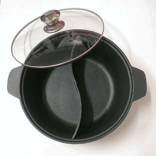 Nồi lẩu 2 ngăn 24cm nắp kính gang nhôm chống dính cao cấp Dragon