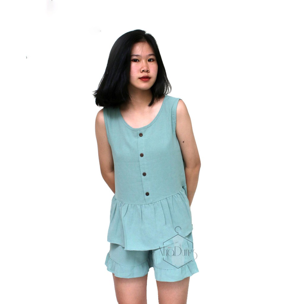 Đồ bộ nữ mặc nhà sát nách vải đũi không nhăn 4 nút Nhã Dung Store dưới 65kg siêu mát mẻ siêu dễ thương
