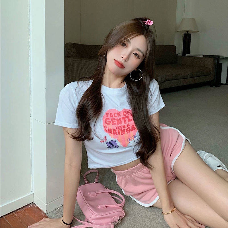 Cotton New Summer T-shirt Love Bear Short Bare Midriff Slim Fit Women's Short Sleeve Slim Fit All-Match Women's Shirt Ins Fashion JRUI