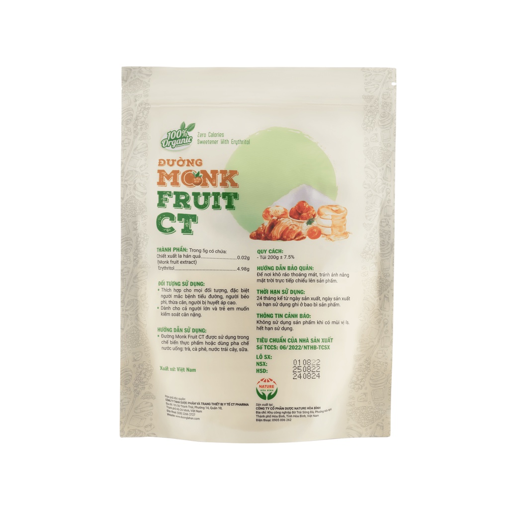 Đường ăn kiêng La hán quả Organic Hữu cơ MonkFruit CT Pharma 200 gram
