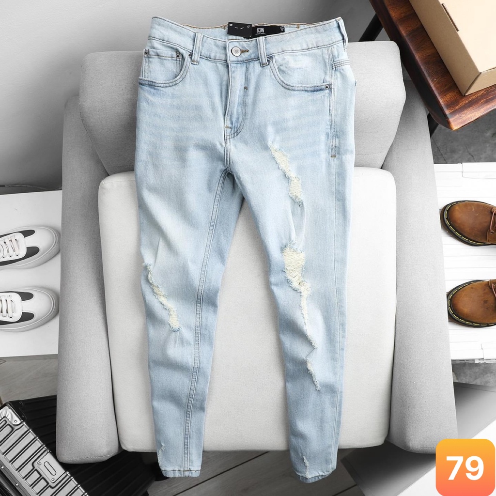 Quần jeans nam màu xanh nhạt trơn rách gối chất liệu bò jean cao cấp co dãn 4 chiều đẹp form rin skinny LAVADO41