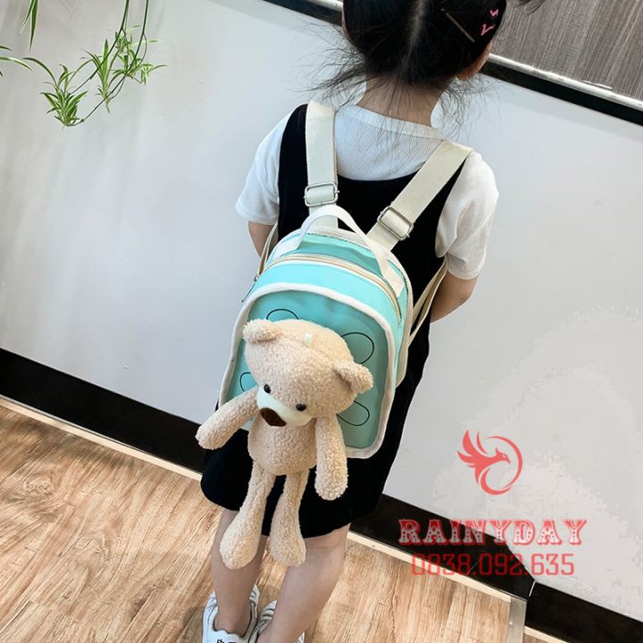 Balo trẻ em cho bé gái đi học mần non mẫu giáo mini nhỏ xinh cute dễ thương vải canvas đính gấu